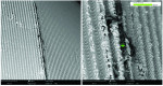 (5.) Large areas (> 500 μm) of carbonaceous impurities at the titanium implant shoulder shown at SEM 500× (left) and 2,500× (right).